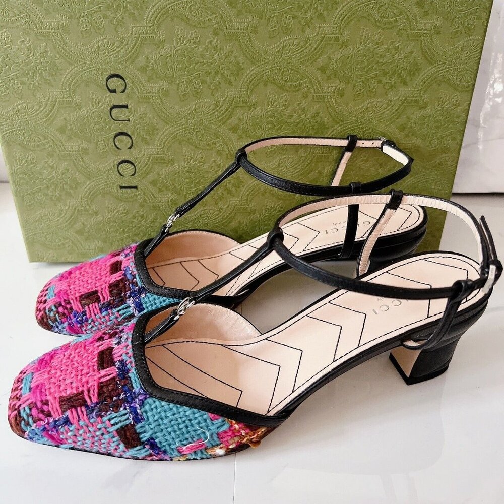 Gucci Marmont 55mm Tweed T-strap Pumps Pink/ Blue/ Black Size EU 39 - Picture 2 of 13
